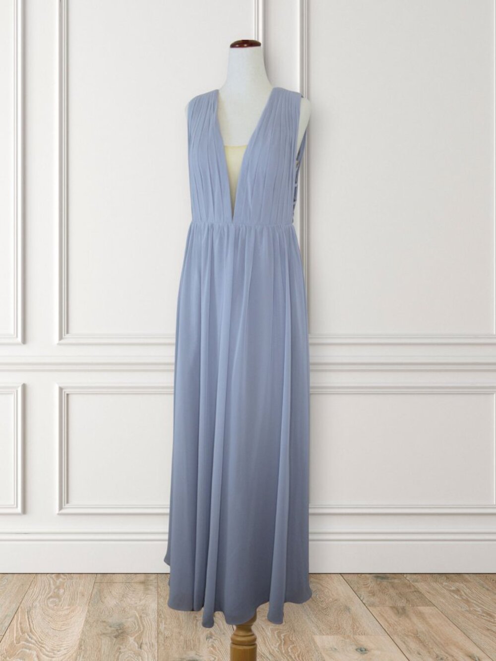 Azazie Dusty Blue Plunging Faux Chiffon Formal Maxi Bridesmaid Dress